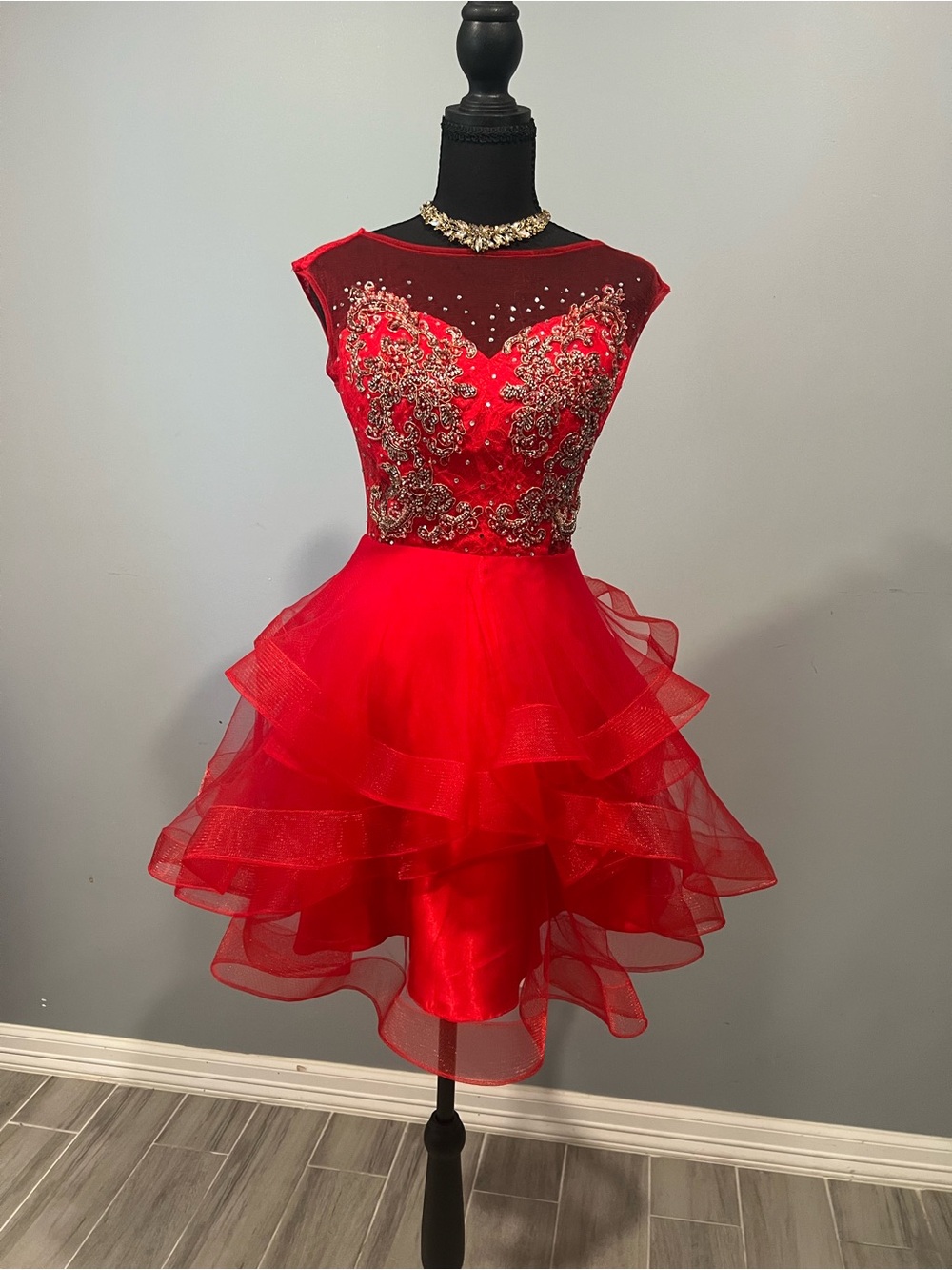 Red Embellished Fit-and-Flare Party Dress